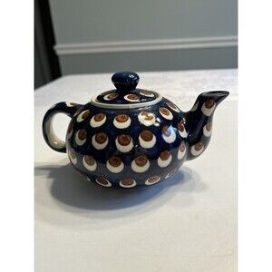 Boleslawiec Small Tea Pot Blue Brown White Polka Dot Teapot Polish Pottery